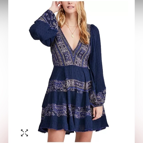 Free People navy blue mixed pattern “my love” tiered boho mini dress. Size M - Picture 1 of 7